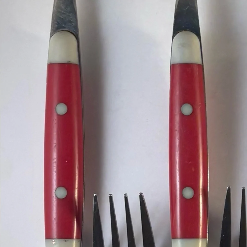 10 Red Riveted Plastic‎ Handle Stainless Flatware Spoons Forks Knife